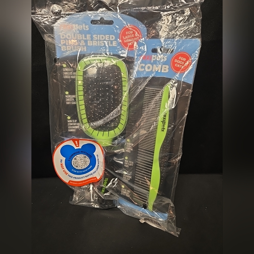 2pc Set Rexipets Double Sided Pet Brush & Comb Black & Lime Green Dogs & Cats